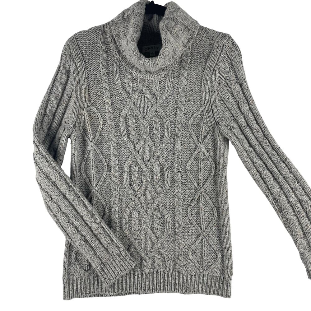 Orvis Womens Donegal Cable Knit Turtleneck Sweater M Gray Wool Cashmere